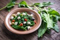 Spinach with cheese, olives and pepper drops