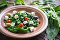 Spinach with cheese, olives and pepper drops