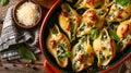 Homemade Spinach and Cheese Stuffed Shells in a Homely Kitchen Royalty Free Stock Photo