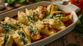 Homemade Spinach and Cheese Stuffed Shells in a Homely Kitchen Royalty Free Stock Photo