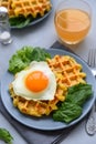 Spinach cheese waffles with fried egg on gray wooden background. Selective focus. Top view Royalty Free Stock Photo