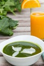 Spinach cream soup in the white plate and a glass of fresh oran Royalty Free Stock Photo