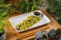 Spinach dumplings with dipping sauce Royalty Free Stock Photo