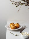 Spinach Feta cheese breakfast muffins on a plate. White marble background. Royalty Free Stock Photo