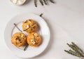 Spinach Feta cheese breakfast muffins on a plate. White marble background. Royalty Free Stock Photo