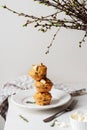 Spinach Feta cheese breakfast muffins on a plate. White marble background. Royalty Free Stock Photo