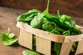 Delicious Spinach. Fresh organic spinach leaves in basket a wooden table. Diet, dieting concept. Vegan food, healthy eating.