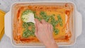 Spinach lasagna recipe. Spread a layer of spinach and mascarpone mix. Assemble the lasagna, flat lay