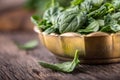 Spinach leaves.Fresh spinach leaves in retro bowl on oak wood board.