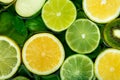 Spinach leaves and slices of lemon, lime, apple and kiwi. Vitamin C in fruits, fruit citrus background Royalty Free Stock Photo