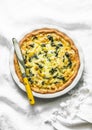 Spinach, leek, chicken, cheese pie on light background Royalty Free Stock Photo