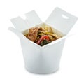 Spinach noodles with chicken and vegetables in take-out box