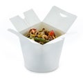 Spinach noodles with seafood and vegetables in take-out box