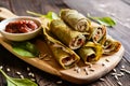 Spinach pancakes stuffed with Feta, curd, sun dried tomato and sunflower seeds Royalty Free Stock Photo