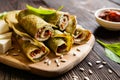 Spinach pancakes stuffed with Feta, curd, sun dried tomato and sunflower seeds Royalty Free Stock Photo