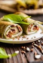 Spinach pancakes stuffed with Feta, curd, sun dried tomato and sunflower seeds Royalty Free Stock Photo