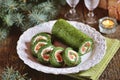 Spinach roll with smoked salmon and cream cheese Royalty Free Stock Photo