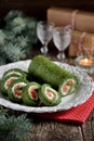 Spinach roll with smoked salmon and cream cheese Royalty Free Stock Photo
