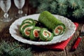 Spinach roll with smoked salmon and cream cheese Royalty Free Stock Photo