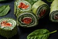 Spinach rolls with smoked salmon and cream cheese. Royalty Free Stock Photo