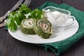 Spinach rolls with smoked salmon and cream cheese Royalty Free Stock Photo