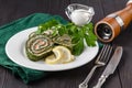 Spinach rolls with smoked salmon and cream cheese Royalty Free Stock Photo