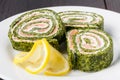 Spinach rolls with smoked salmon and cream cheese Royalty Free Stock Photo