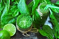 Keto drinks. Spinach Smoothie with Lime. Detox smoothies with spinach and lime. Cleaning the body. Royalty Free Stock Photo