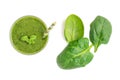 Spinach smoothies. Healthy green juice iwith spinach leaves solated on white background. Top view