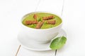 Spinach soup with dried crusts Royalty Free Stock Photo