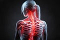 Spinal injury, sports injury, girl with highlighted red glow of spine and neck