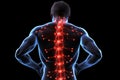 Spinal pain, Man with backache at home, lower back injury, red spot Royalty Free Stock Photo