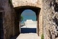 Spinalonga old fort island original harbour entrance Royalty Free Stock Photo