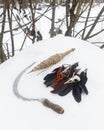 Spindle, crow feathers, bird skull rowan beads and sickle in the