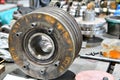 Spindle pulley with tapered bore for machine tool. Mechanical equipment repair shop Royalty Free Stock Photo