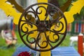 Spindle wheel. Metal circle. Round wrought iron. Well handle