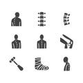 Spine, backbone flat glyph icons. Orthopedics clinic, medical rehab, back trauma, broken bone posture correction Royalty Free Stock Photo