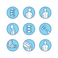 Spine, backbone line icons. Orthopedics clinic, medical rehab, back trauma, broken bone, posture correction, scoliosis Royalty Free Stock Photo