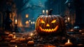 Spine chilling Halloween setting, pumpkins on a gloomy street, Generative AI