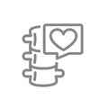 Spine with heart in speech bubble line icon. Healthy spinal canal symbol