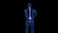 Spine Pain. Blue Human Anatomy Body 3D scan render on black background