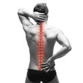 Spine pain, man with backache and ache in the neck, black and white photo with red backbone Royalty Free Stock Photo