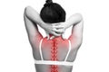 Spine pain, woman with backache and ache in the neck, black and white photo with red backbone Royalty Free Stock Photo