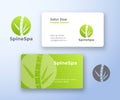 Spine Spa Abstract Vector Logo and Business Card Template. Bamboo Stem as a Spine with Leaves. Modern Typography