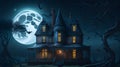 Halloween Day, a haunted mansion and moon scary vibe, witch and bats are flying and image gives a horror feeling