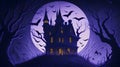 Halloween Day, a haunted mansion and moon scary vibe, witch and bats are flying and image gives a horror feeling