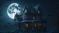 Halloween Day, a haunted mansion and moon scary vibe, witch and bats are flying and image gives a horror feeling