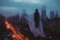 Spine tingling sight ghostly sheet drifts amidst city lights at dusk