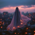 Spine tingling sight ghostly sheet drifts amidst city lights at dusk