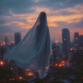 Spine tingling sight ghostly sheet drifts amidst city lights at dusk